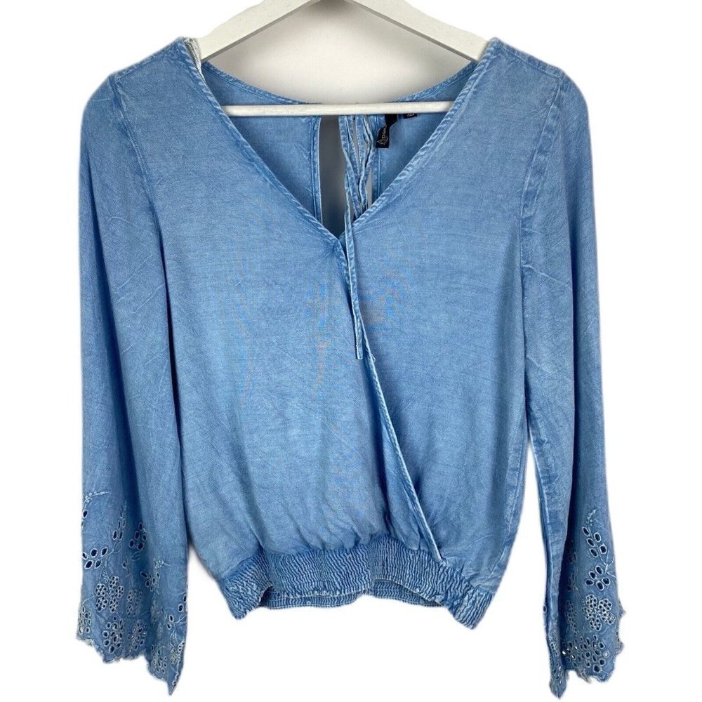 D&Kade Chambray Embroidered Wide Sleeve Top
